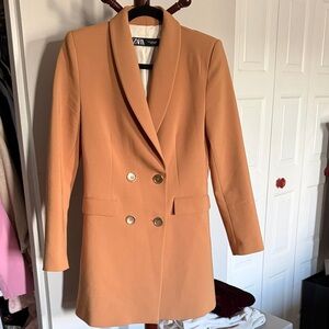 Zara Double-Breasted Camel Blazer Jacket with Gold Buttons